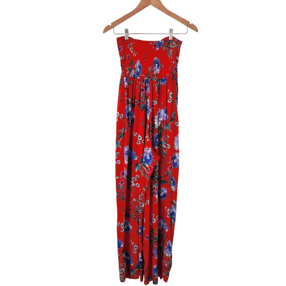 Band Of Gypsies BOG Collective Red Floral Strapless Jumpsuit Summer Boho Flowy - Picture 2 of 13